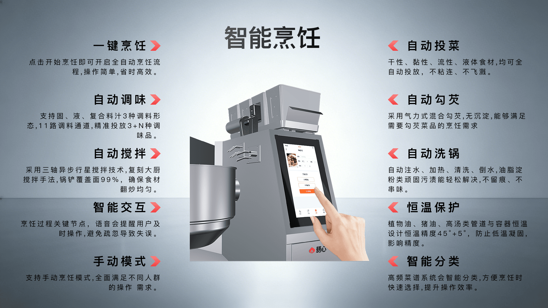 智能烹饪、一键烹饪、自动调味、自动搅拌、智能交互、可手动模式、自动投菜、自动勾芡、自动洗锅、恒温保护、智能分类